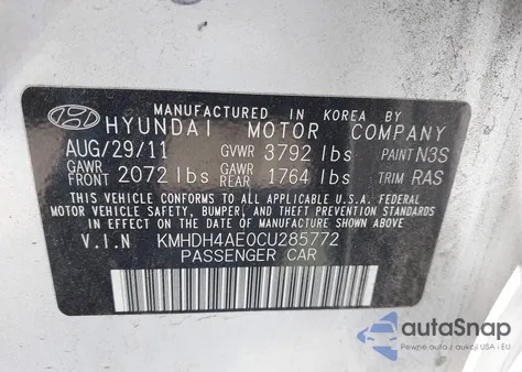 2012 Hyundai Elantra Gls (Ulsan Plant) z USA, uszkodzony, nr VIN KMHDH4AE0CU285772